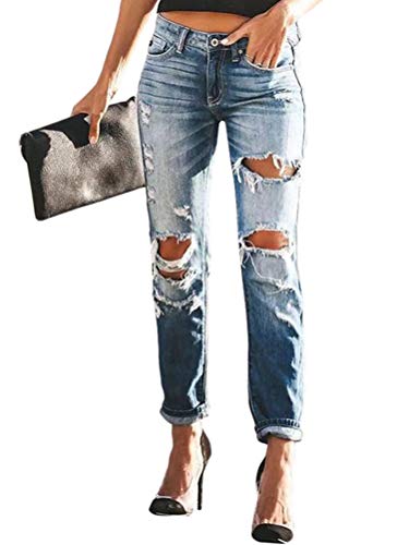 ORANDESIGNE Blau Taschen Cut Out Ripped Lange Zerrissene Destroyed Boyfriend Jeans mit Löchern Mode Hose Damen D Blau S von ORANDESIGNE