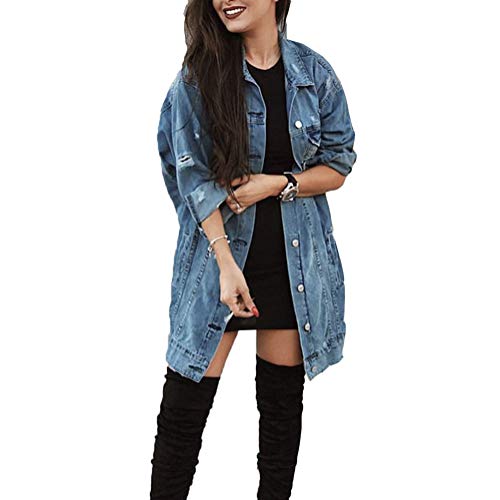 ORANDESIGNE Blau Taschen Einreiher Zerrissene Langarm Boyfriend Oversize Jeansjacke Damen Mode 3XL von ORANDESIGNE