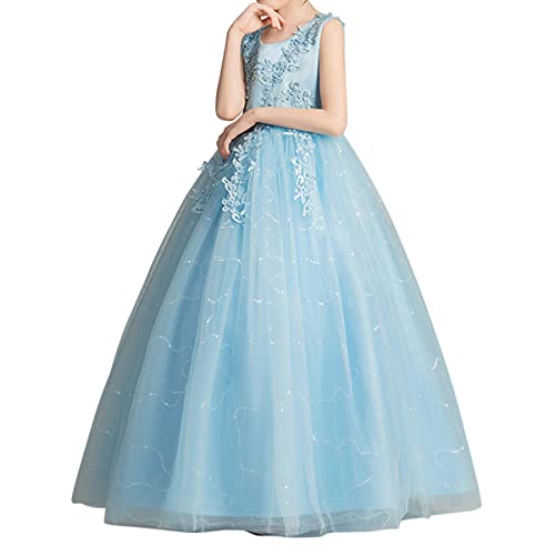 ORANDESIGNE Blumenmädchen Kleid Prinzessin Festliches Kinder Mädchen Festzug Ballkleider Hochzeit Partykleid Brautjungfern Kleidung Spitze Tüll Langes Abendkleid Bestickt Brautkleid A Blau 150 von ORANDESIGNE