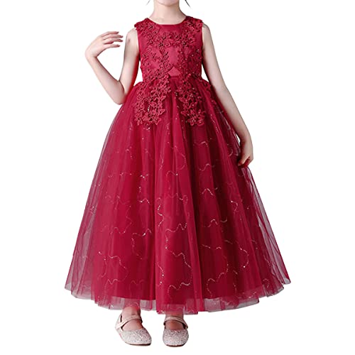 ORANDESIGNE Blumenmädchen Kleid Prinzessin Festliches Kinder Mädchen Festzug Ballkleider Hochzeit Partykleid Brautjungfern Kleidung Spitze Tüll Langes Abendkleid Bestickt Brautkleid A Weinrot 140 von ORANDESIGNE