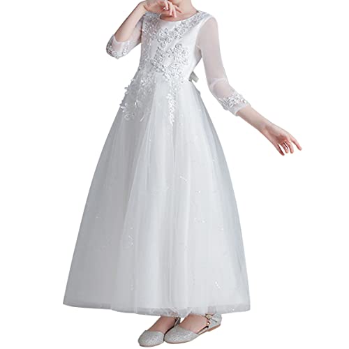 ORANDESIGNE Blumenmädchen Kleid Prinzessin Festliches Kinder Mädchen Festzug Ballkleider Hochzeit Partykleid Brautjungfern Kleidung Spitze Tüll Langes Abendkleid Bestickt Brautkleid B Weiß 150 von ORANDESIGNE
