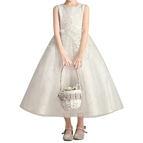ORANDESIGNE Blumenmädchen Kleid Prinzessin Festliches Kinder Mädchen Festzug Ballkleider Hochzeit Partykleid Brautjungfern Kleidung Spitze Tüll Langes Abendkleid Bestickt Brautkleid C Weiß 130 von ORANDESIGNE