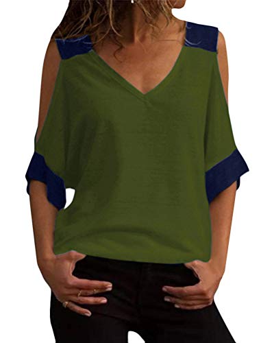ORANDESIGNE Bluse Damen Kurzarm Schulterfrei Oberteil V-Ausschnitt T-Shirt Sommer Off Shoulder Tops Sexy Armeegrün Medium von ORANDESIGNE