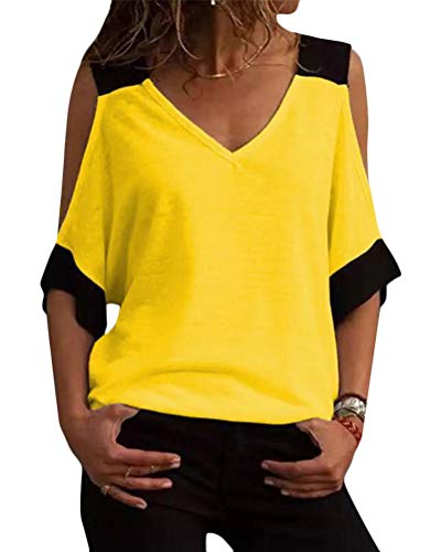 ORANDESIGNE Bluse Damen Kurzarm Schulterfrei Oberteil V-Ausschnitt T-Shirt Sommer Off Shoulder Tops Sexy Gelb Large von ORANDESIGNE