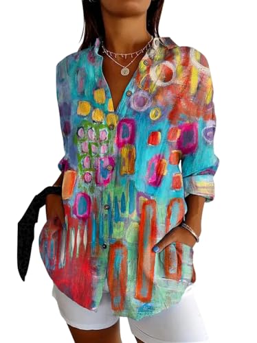 ORANDESIGNE Blusen & Tuniken für Damen Button Down Hemden Damenblusen Langarm Bedrucktes Hemdbluse mit Knöpfen Blusenshirt Lose Langarmshirt Longbluse Damen Lässig für Leggings Blau 03 L von ORANDESIGNE