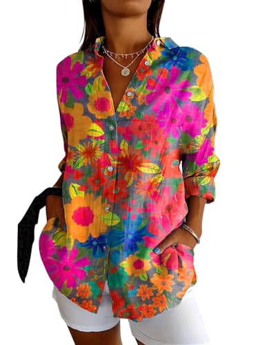 ORANDESIGNE Blusen & Tuniken für Damen Button Down Hemden Damenblusen Langarm Bedrucktes Hemdbluse mit Knöpfen Blusenshirt Lose Langarmshirt Longbluse Damen Lässig für Leggings Rosarot 3XL von ORANDESIGNE