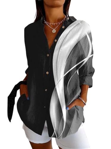 ORANDESIGNE Blusen & Tuniken für Damen Button Down Hemden Damenblusen Langarm Bedrucktes Hemdbluse mit Knöpfen Blusenshirt Lose Langarmshirt Longbluse Damen Lässig für Leggings Schwarz M von ORANDESIGNE