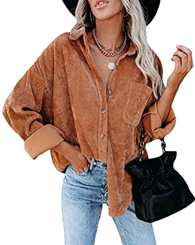 ORANDESIGNE Blusenshirt Damen Langarm Holzfällerjacke Cordhemd Oversize Einfarbig Karobluse Rippshirt Herbst Cordjacke Gefüttert Hemdbluse mit Tasche Casual Jacke Tuniken A Orange L von ORANDESIGNE