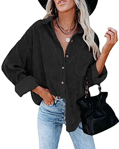 ORANDESIGNE Blusenshirt Damen Langarm Holzfällerjacke Cordhemd Oversize Einfarbig Karobluse Rippshirt Herbst Cordjacke Gefüttert Hemdbluse mit Tasche Casual Jacke Tuniken A Schwarz M von ORANDESIGNE