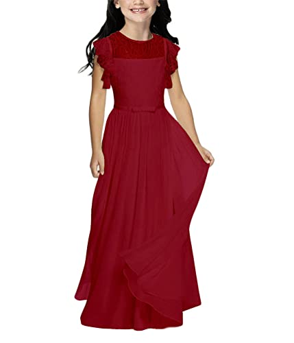 ORANDESIGNE Boho Lange Kinder Spitzenkleid Chiffon Kleid mit Gürtel und Kurzen Butterfly Ärmeln Chic A-Linie Kommunionkleider Brautjungfern Kleider Blumenmädchenkleider für Mädchen B Weinrot 130 von ORANDESIGNE