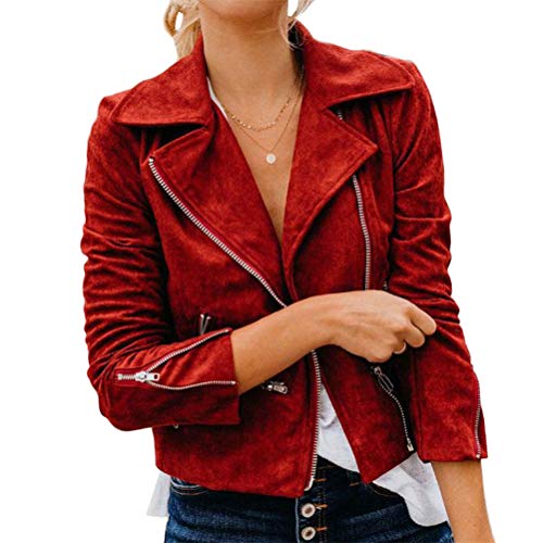 ORANDESIGNE Bomber Jacke Frauen Damen Wildleder Dünne Slim Fit Flug Mantel Casual Tops Kleidung Oberbekleidung Jacken B Rot XL von ORANDESIGNE