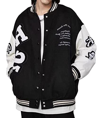 ORANDESIGNE Bomberjacke Damen College Sweat Jacket Taste Oversized Patchwork Jacke Vintage Druck Jacken Baseball Mantel Sport Jacke Casual Motorrad Lederjacke PU Jacke H Schwarz S von ORANDESIGNE