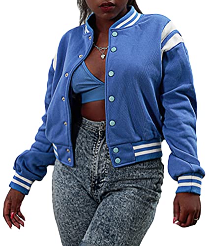 ORANDESIGNE Bomberjacke Damen College Sweat Jacket Taste Oversized Patchwork Jacke Vintage Druck Jacken Baseball Mantel Sport Jacke Casual Motorrad Lederjacke PU Jacke Q Blau L von ORANDESIGNE