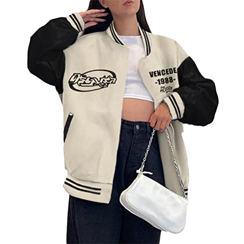 ORANDESIGNE Bomberjacke Damen Herren Sweatjacke Stickerei College Sweat Jacket Oversized Patchwork Jacke Vintage Druck Jacken Baseball Mantel Sport Jacke B Beige L von ORANDESIGNE