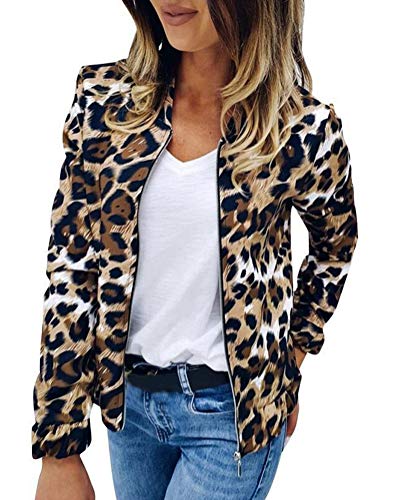 ORANDESIGNE Bomberjacke Damen Leopardenmuster Langarm Leicht Kurze Jacke Frühling Herbst Reißverschluss Stehkragen Casual Coat Outwear (L, A Braun) von ORANDESIGNE