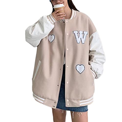 ORANDESIGNE Bomberjacke Damen Sweatjacke College Sweat Jacket Für Mädchen Oversized Patchwork Jacke Vintage Druck Jacken Baseball Mantel Sport Jacke J Beige S von ORANDESIGNE