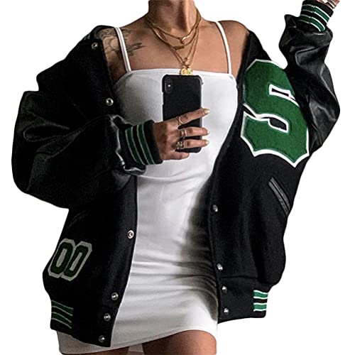 ORANDESIGNE Bomberjacke Damen Sweatjacke College Sweat Jacket Reißverschluss Übergangsjacke Teenager Mädchen Oversized Patchwork Jacke Vintage Druck Jacken Baseball Mantel Sport Jacke Z1-Grün L von ORANDESIGNE