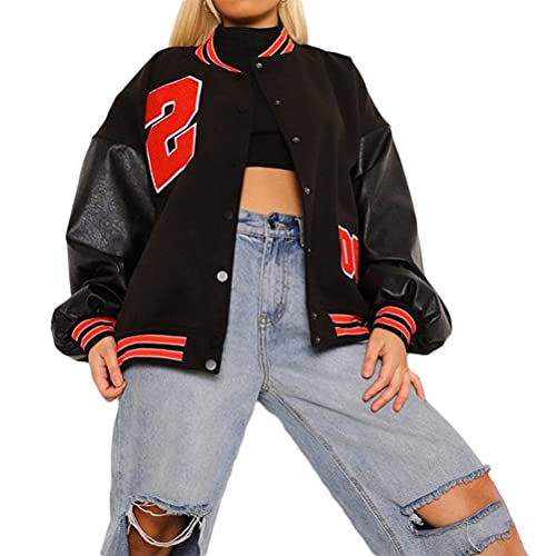 ORANDESIGNE Bomberjacke Damen Sweatjacke College Sweat Jacket Reißverschluss Übergangsjacke Teenager Mädchen Oversized Patchwork Jacke Vintage Druck Jacken Baseball Mantel Sport Jacke Z1-Rot L von ORANDESIGNE