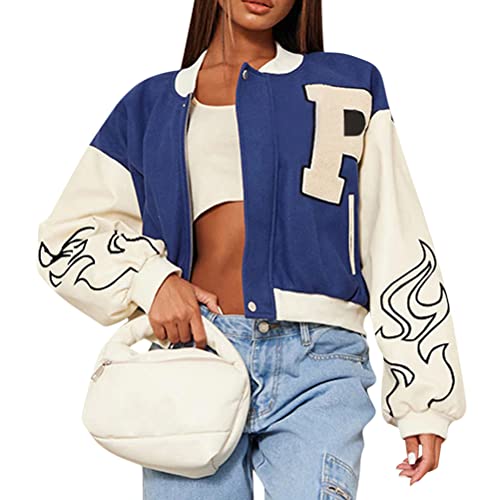 ORANDESIGNE Bomberjacke Damen Sweatjacke College Sweat Jacket Reißverschluss Übergangsjacke Teenager Mädchen Oversized Patchwork Jacke Vintage Druck Jacken Baseball Mantel Sport Jacke Z7 blau S von ORANDESIGNE