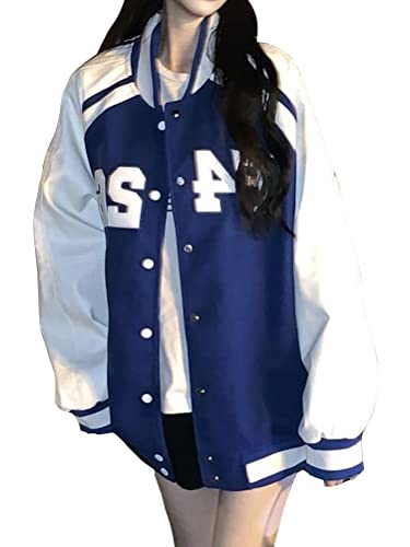 ORANDESIGNE Bomberjacke Damen Sweatjacke College Sweatjacket Oversized Patchwork Jacke Vintage Druck Jacken Baseball Mantel Sport Jacke H Blau XL von ORANDESIGNE