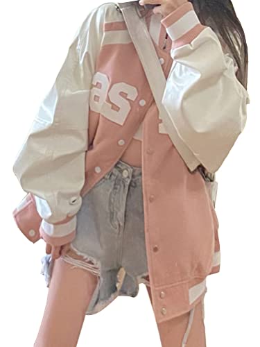 ORANDESIGNE Bomberjacke Damen Sweatjacke College Sweatjacket Oversized Patchwork Jacke Vintage Druck Jacken Baseball Mantel Sport Jacke H Rosa XXL von ORANDESIGNE