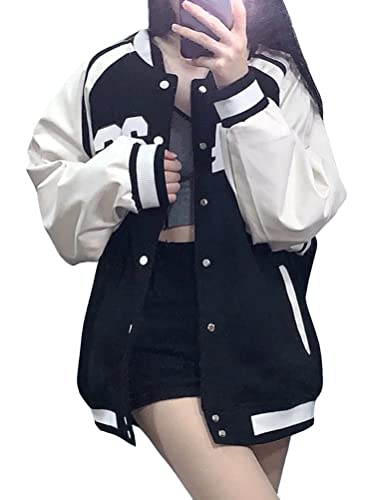 ORANDESIGNE Bomberjacke Damen Sweatjacke College Sweatjacket Oversized Patchwork Jacke Vintage Druck Jacken Baseball Mantel Sport Jacke H Schwarz L von ORANDESIGNE