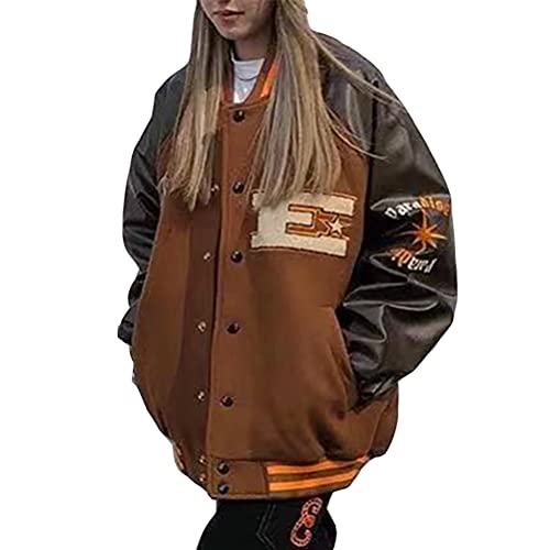 ORANDESIGNE Bomberjacke Damen Sweatjacke Herren College Jacket Tasten Unisex Oversized Patchwork Sportjacke PU Leder Ärmel Vintage Jacken Baseball Mantel Übergangsmantel Herbst Winter N Braun XL von ORANDESIGNE