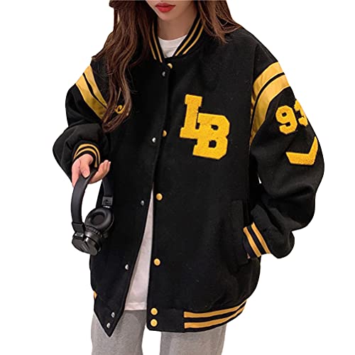 ORANDESIGNE Bomberjacke Damen Sweatjacke Herren College Sweat Jacket Tasten Unisex Oversized Patchwork Sportjacke Wollmantel Vintage Jacken Baseball Mantel Herbst Winter M Schwarz M von ORANDESIGNE