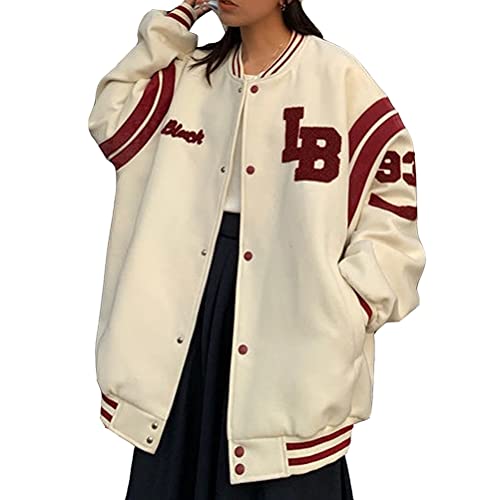 ORANDESIGNE Bomberjacke Damen Sweatjacke Herren College Sweat Jacket Tasten Unisex Oversized Patchwork Sportjacke Wollmantel Vintage Jacken Baseball Mantel Übergangsmantel Herbst Winter M Weiß XL von ORANDESIGNE