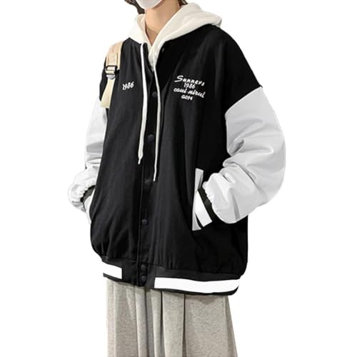 ORANDESIGNE Bomberjacke Damen Sweatjacke Ladies College Sweat Jacket Für Mädchen Oversized Patchwork Jacke Vintage Druck Jacken Baseball Mantel M Schwarz XL von ORANDESIGNE