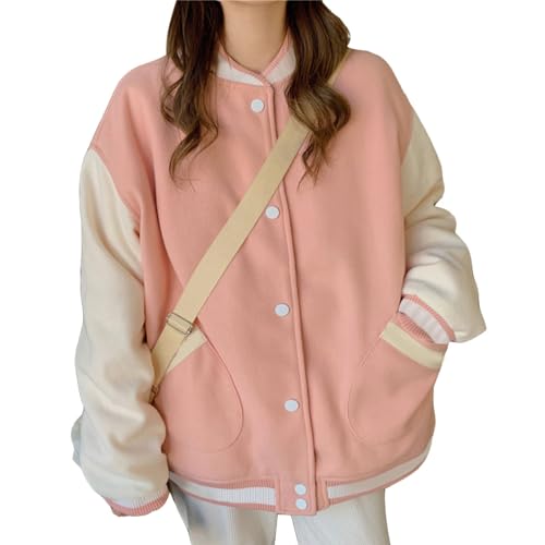 ORANDESIGNE Bomberjacke Damen Sweatjacke Ladies College Sweat Jacket Reißverschluss Für Frauen Oversized Patchwork Jacke Vintage Druck Jacken Baseball Mantel R Rosa L von ORANDESIGNE