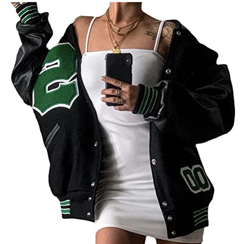 ORANDESIGNE Bomberjacke Damen Sweatjacke Ladies College Sweat Jacket Reißverschluss Für Frauen Oversized Patchwork Jacke Vintage Druck Jacken Baseball Mantel S Grün M von ORANDESIGNE