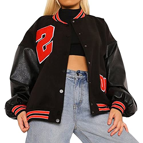 ORANDESIGNE Bomberjacke Damen Sweatjacke Ladies College Sweat Jacket Reißverschluss Für Frauen Oversized Patchwork Jacke Vintage Druck Jacken Baseball Mantel S Rot L von ORANDESIGNE