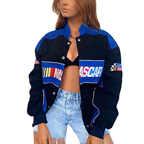 ORANDESIGNE Bomberjacke Damen Sweatjacke Ladies College Sweat Jacket Reißverschluss Für Frauen Oversized Patchwork Jacke Vintage Druck Jacken Baseball Mantel Sport Jacke (E Schwarz, M) von ORANDESIGNE