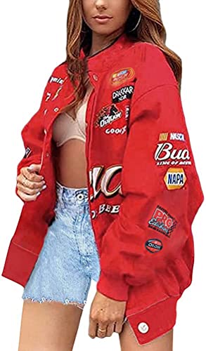 ORANDESIGNE Bomberjacke Damen Sweatjacke Ladies College Sweat Jacket Reißverschluss Für Frauen Oversized Patchwork Jacke Vintage Druck Jacken Baseball Mantel Sport Jacke D Rot M von ORANDESIGNE