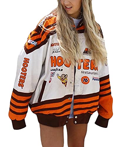 ORANDESIGNE Bomberjacke Damen Sweatjacke Ladies College Sweat Jacket Reißverschluss Für Frauen Oversized Patchwork Jacke Vintage Druck Jacken Baseball Mantel Sport Jacke H Orange L von ORANDESIGNE