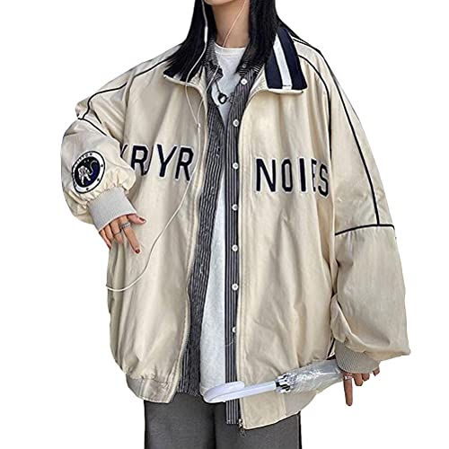 ORANDESIGNE Bomberjacke Damen Sweatjacke Ladies College Sweat Jacket Reißverschluss Für Frauen Oversized Patchwork Jacke Vintage Druck Jacken Baseball Mantel V Beige M von ORANDESIGNE