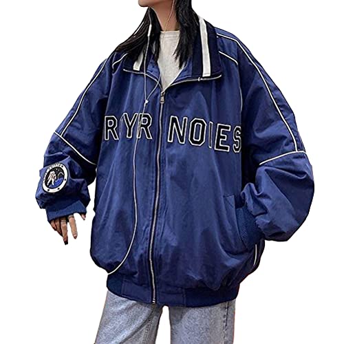 ORANDESIGNE Bomberjacke Damen Sweatjacke Ladies College Sweat Jacket Reißverschluss Für Frauen Oversized Patchwork Jacke Vintage Druck Jacken Baseball Mantel V Blau M von ORANDESIGNE