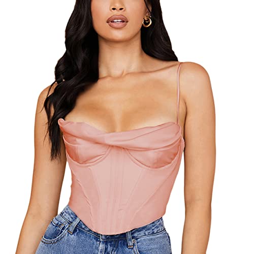 ORANDESIGNE Boned Party Korsett Top Y2k Fashion Crop Top Solid Color Mieder mit Trägern Bustier mit Push Up BH für Damen Leibchen Satin A Rosa L von ORANDESIGNE