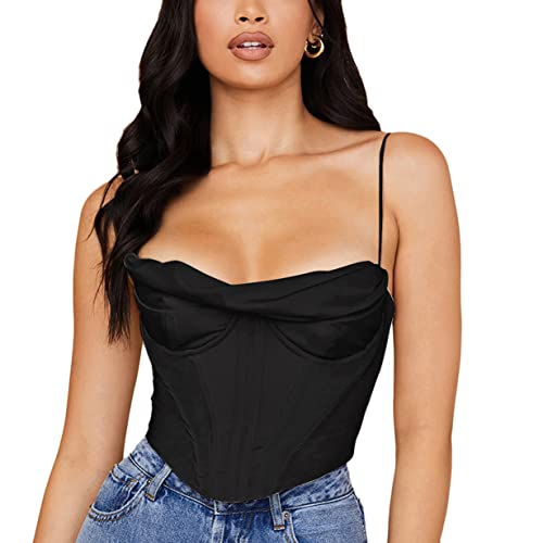 ORANDESIGNE Boned Party Korsett Top Y2k Fashion Crop Top Solid Color Mieder mit Trägern Bustier mit Push Up BH für Damen Leibchen Satin A Schwarz L von ORANDESIGNE