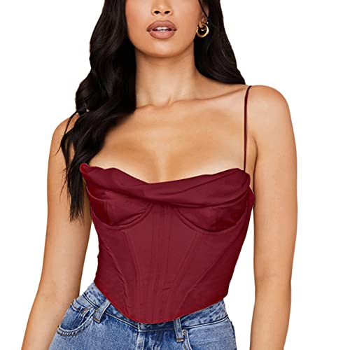 ORANDESIGNE Boned Party Korsett Top Y2k Fashion Crop Top Solid Color Mieder mit Trägern Bustier mit Push Up BH für Damen Leibchen Satin A Weinrot M von ORANDESIGNE