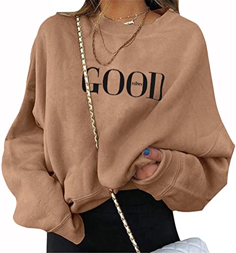 ORANDESIGNE Braun Damen Good Vibes Sweatshirt Buchstaben Druck Langarm Rundhals Pullover Bauchfrei Warm Pulli Oversized Casual Bequem Teenager Mädchen Hoodie Sportbekleidung A Braun XL von ORANDESIGNE