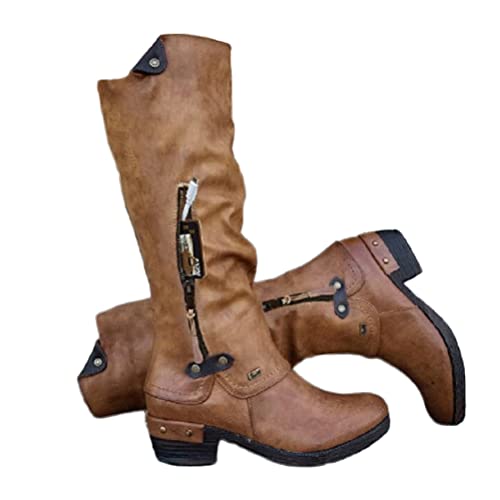 ORANDESIGNE Braun Damen Langschaft Stiefel Biker Boots Vintage Overknee Stiefel Cowboy Stiefel mit Reißverschluss Mode-Stiefel mit Blockabsatz Motorradstiefel aus Leder Winterstiefel A 42 EU von ORANDESIGNE