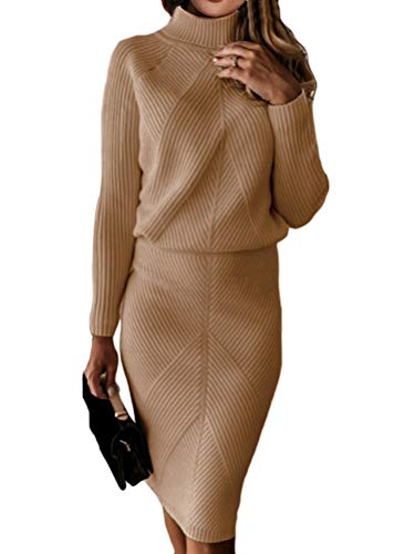 ORANDESIGNE Braun Damen Strickkleid Zweiteiliger Anzug Pullover Oberteil und Midi Strickrock Bodycon 2 Stück Set Midikleid Rollkragen Pulloverkleid C Braun L von ORANDESIGNE