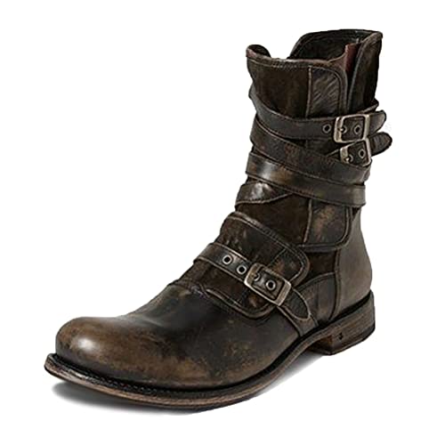 ORANDESIGNE Herren Western Cowboystiefel Vintage Motorradstiefel Winter Männer Leder Kurzschaft Stiefel Unisex Erwachsene Reiterstiefel Arbeitsstiefel D Braun 43 von ORANDESIGNE