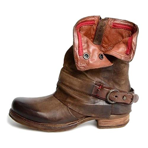 ORANDESIGNE Braun Leder Stiefe für Damen Retro Blockabsatz Stiefeletten Frauen Bequeme Schuhe mit Rutschfester Sohle Mode Herbst Winter Casual Boots Schuhe Stiefel A Braun 37 EU von ORANDESIGNE