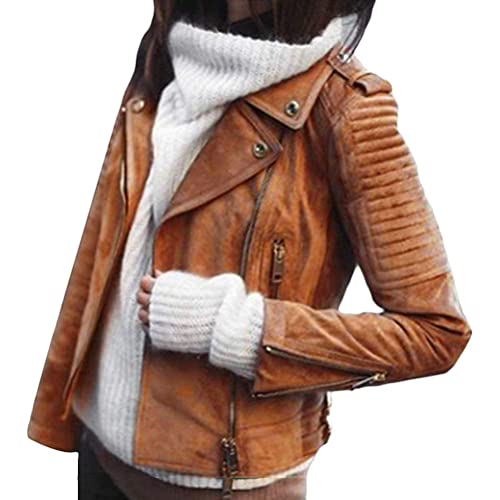 ORANDESIGNE Braun Reißverschluss Gürtel Umlegekragen Langarm Mantel Bikerjacke Wildlederjacke Damen Mode Jacke L von ORANDESIGNE