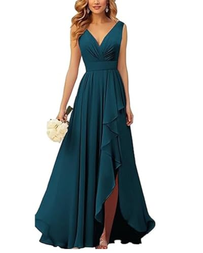 ORANDESIGNE Brautjungfernkleider Abschlusskleid Abendkleid Damen Lang Kleid für Hochzeit Als Gast Spaghettiträgern V-Ausschnitt Chiffon Ballkleider mit Schlitz A Blau 01 XXL von ORANDESIGNE