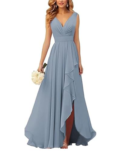 ORANDESIGNE Brautjungfernkleider Abschlusskleid Abendkleid Damen Lang Kleid für Hochzeit Als Gast Spaghettiträgern V-Ausschnitt Chiffon Ballkleider mit Schlitz A Blau M von ORANDESIGNE