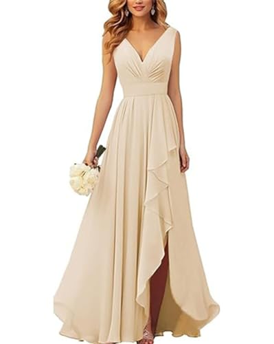 ORANDESIGNE Brautjungfernkleider Abschlusskleid Abendkleid Damen Lang Kleid für Hochzeit Als Gast Spaghettiträgern V-Ausschnitt Chiffon Ballkleider mit Schlitz A Champagner M von ORANDESIGNE